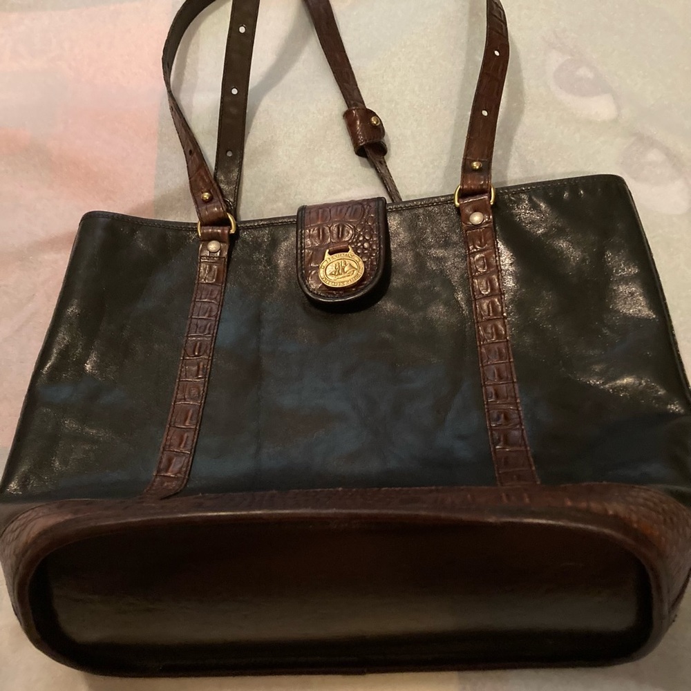 BRAHMIN BLACK LEATHER BROWN EMBOSSED CROCS TRIM TOTE SHOULDER HANDBAG